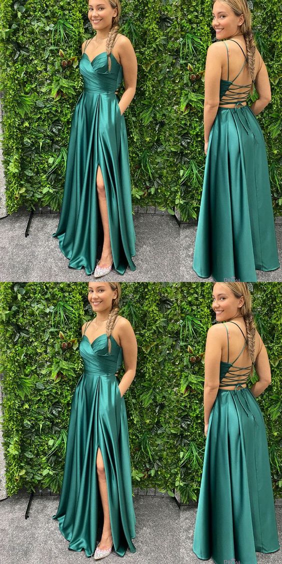 Glamorous Satin Prom Dresses with Spaghetti Straps, Ruched Bodice, Lace-Up Back, High Slit and Flowing A-Line Silhouette Formal Gown