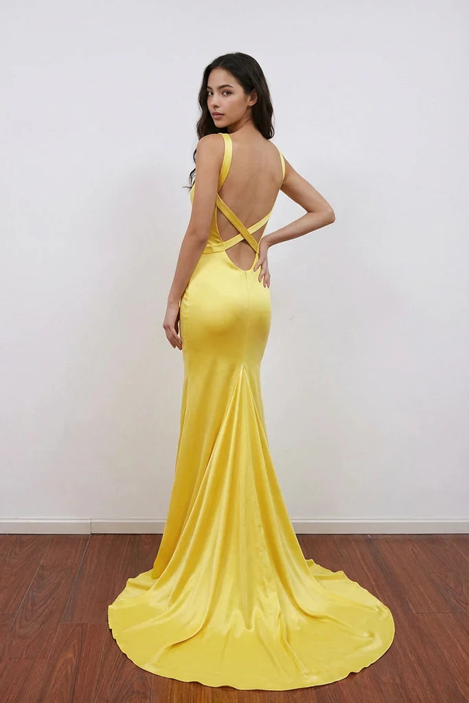 Glamorous Satin Prom Dress with V-Neck, Crisscross Back and Sweeping Train