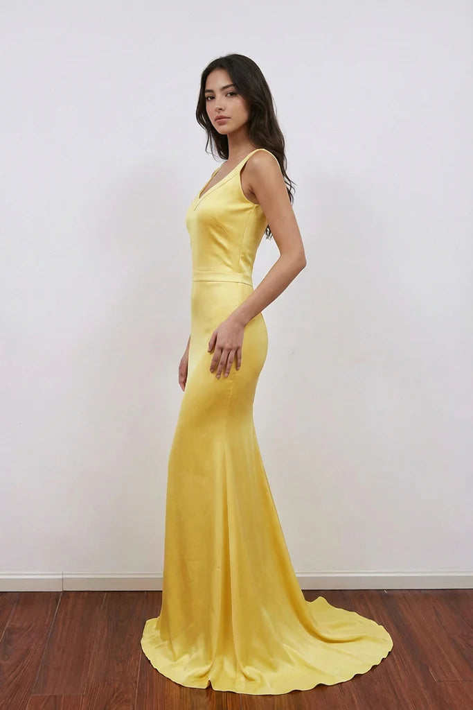 Glamorous Satin Prom Dress with V-Neck, Crisscross Back and Sweeping Train