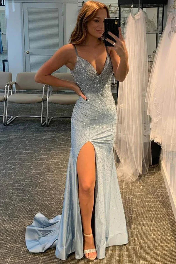 Glamorous Sequin Mermaid Spaghetti-Strap Deep-V Slit Train Evening Dress