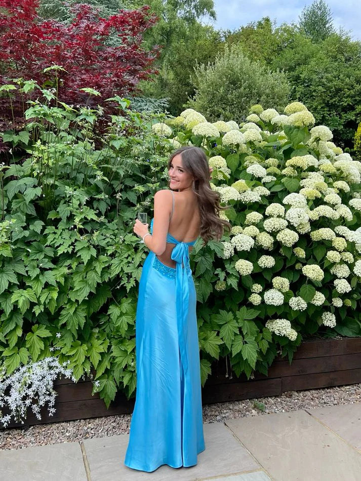 Glamorous Sky Blue Satin Sweetheart Neck Beaded Spaghetti Strap Tie-back Floor-length Evening Dresses
