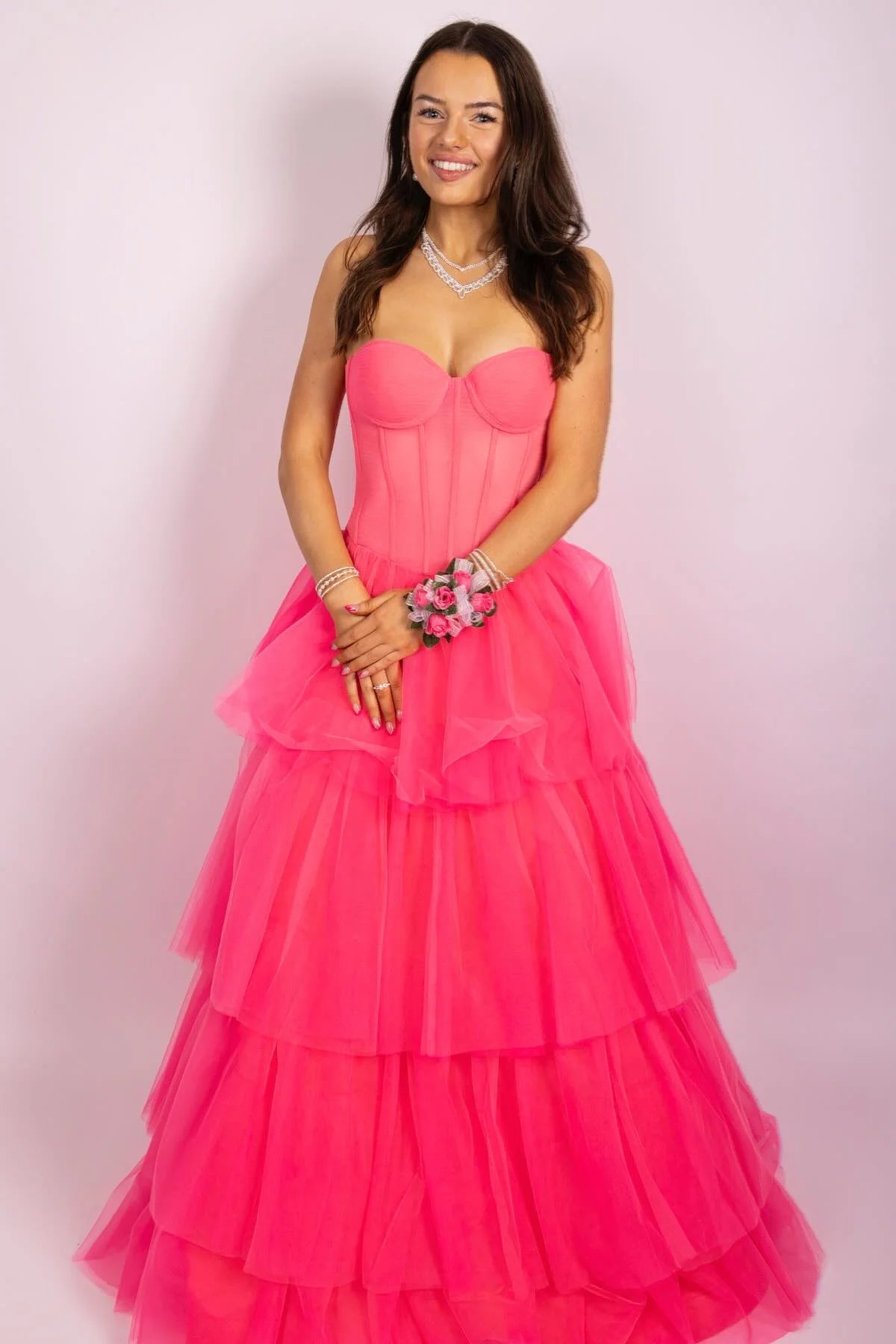 Glamorous Strapless Sweetheart Neck Corset Ball Gown Evening Dress with Tiered Tulle Skirt
