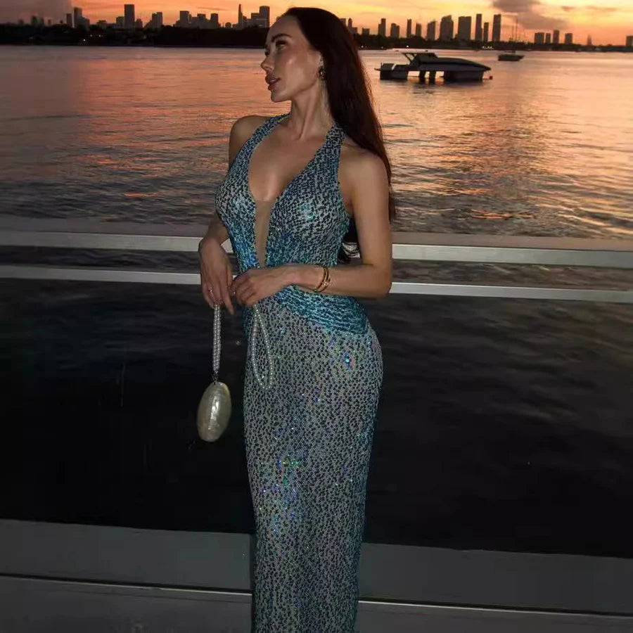Glamorous Teal Sequin Halter-Neck Cut-Out Mermaid Train Evening Dress