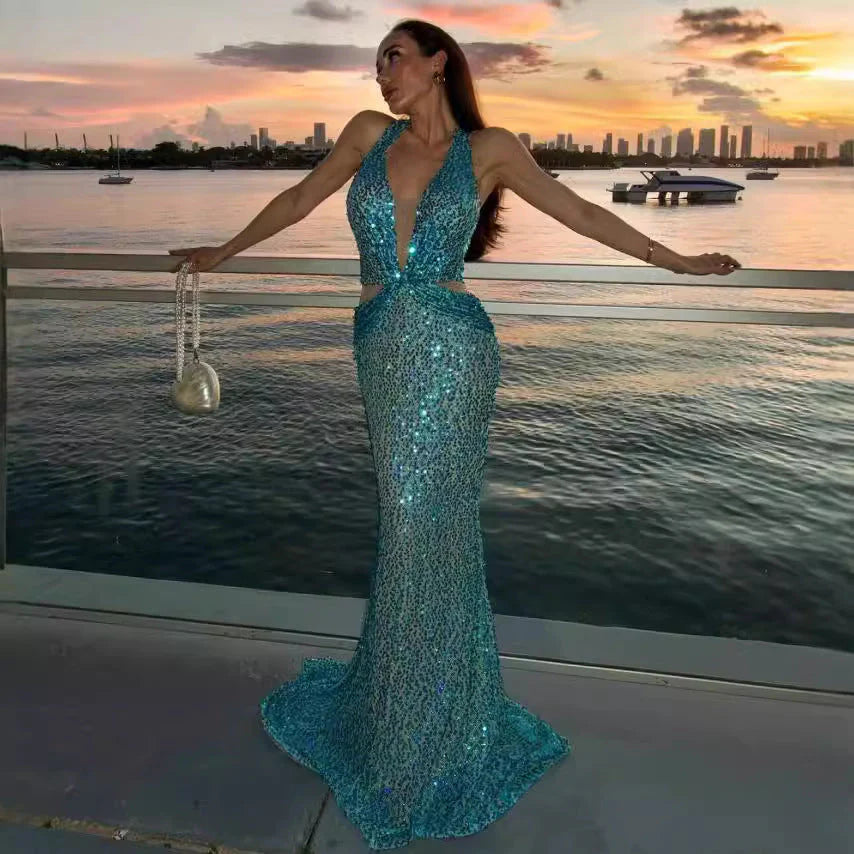 Glamorous Teal Sequin Halter-Neck Cut-Out Mermaid Train Evening Dress