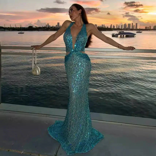 Glamorous Teal Sequin Halter-Neck Cut-Out Mermaid Train Evening Dress