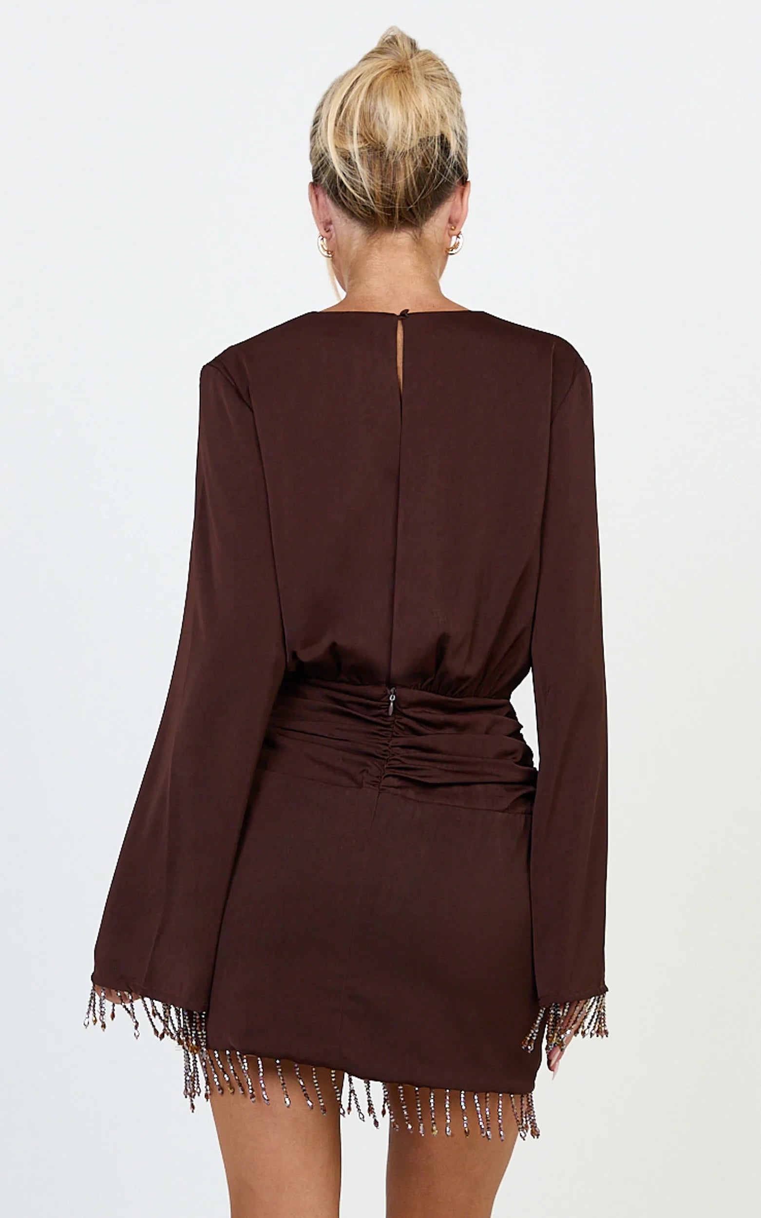 Glamorous A-Line Deep V-Neck Wrap Long Sleeve Beaded Fringe Mini Homecoming Dress with Ruched Waist