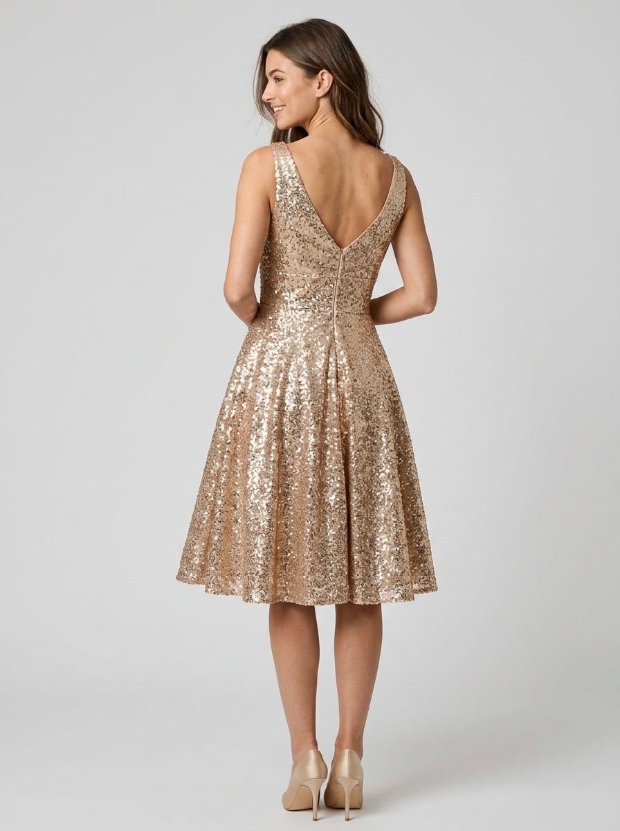 Glamorous A-Line V-Neck Sleeveless Low V-Back Knee-Length Sequin Homecoming Party Dress