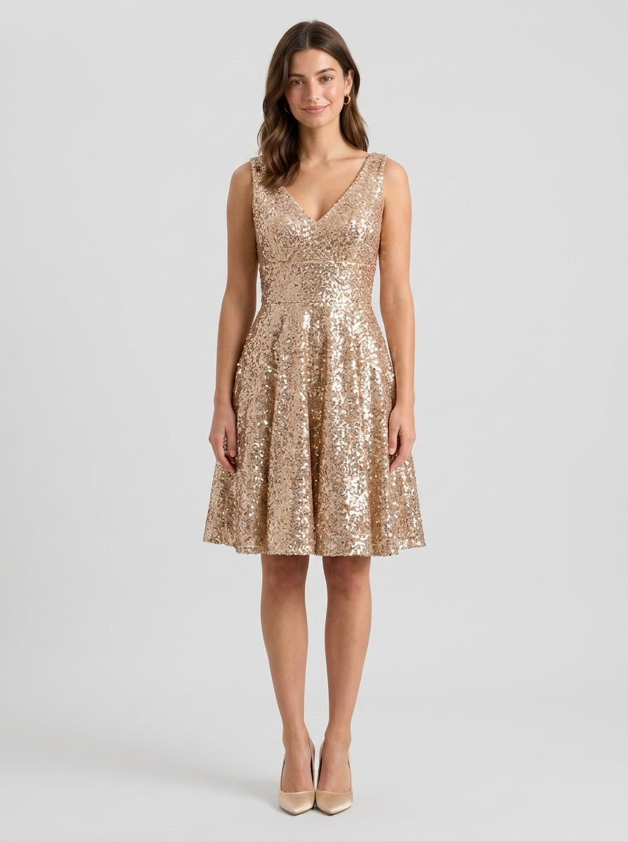 Glamorous A-Line V-Neck Sleeveless Low V-Back Knee-Length Sequin Homecoming Party Dress