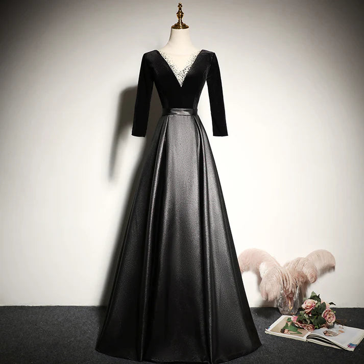 Glamorous Black Velvet V-neck Rhinestone Illusion Three-quarter Sleeve Lace-up Back Satin A-line Floor-length Evening Dresses