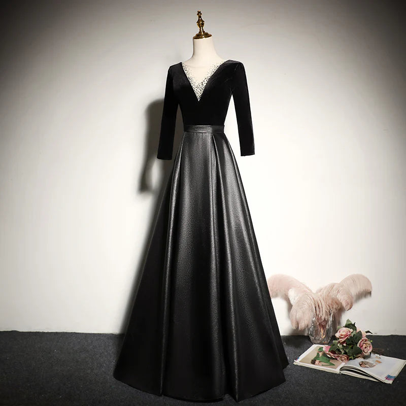 Glamorous Black Velvet V-neck Rhinestone Illusion Three-quarter Sleeve Lace-up Back Satin A-line Floor-length Evening Dresses