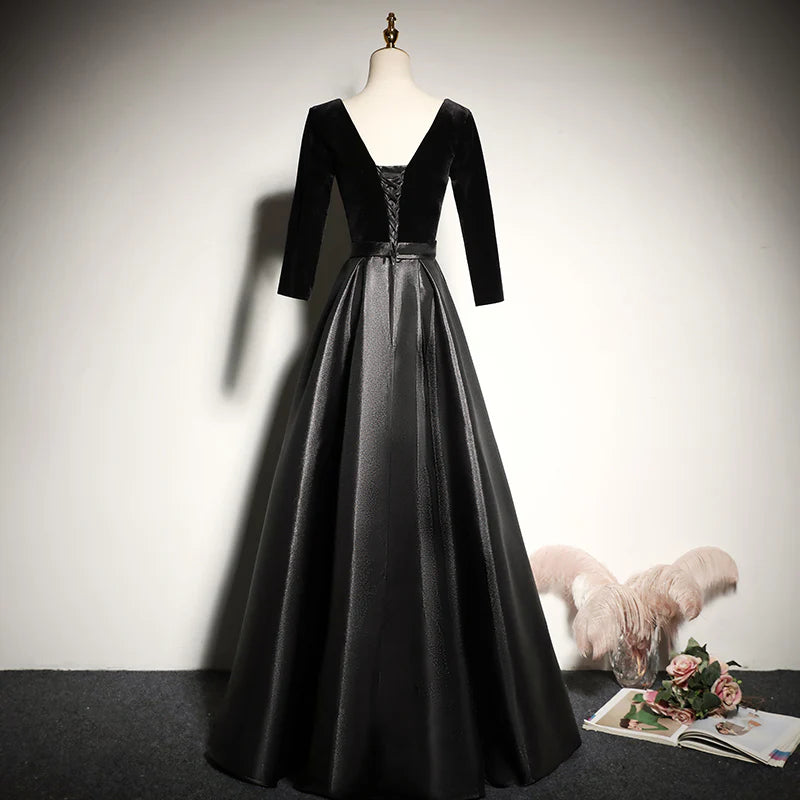 Glamorous Black Velvet V-neck Rhinestone Illusion Three-quarter Sleeve Lace-up Back Satin A-line Floor-length Evening Dresses