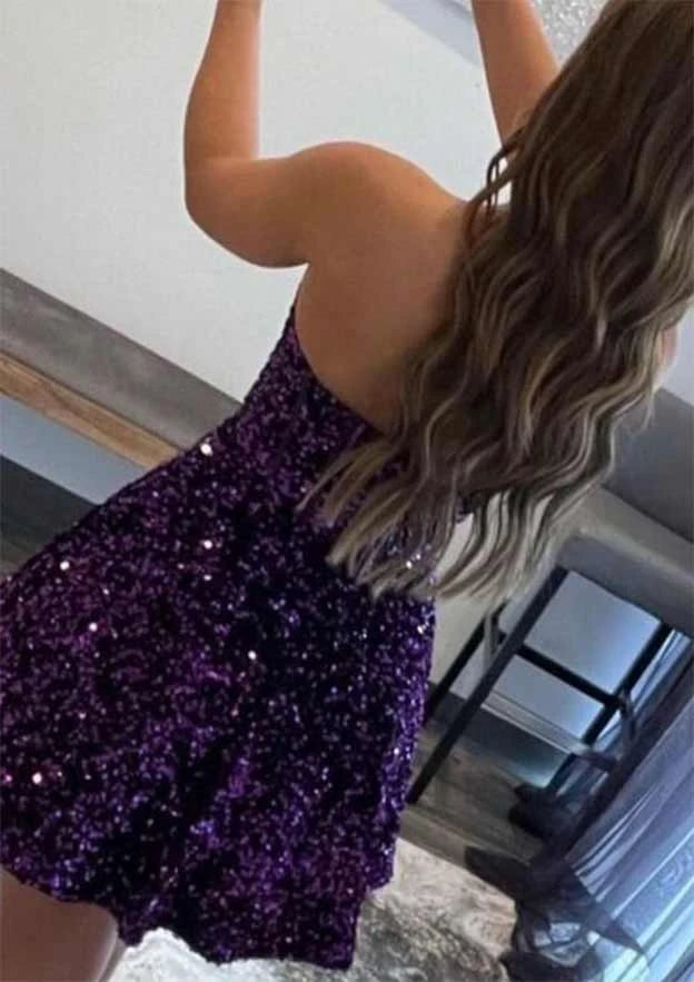 Glamorous Shimmering Purple Sequin A-Line Sweetheart Strapless Sleeveless Short Mini Homecoming Dresses