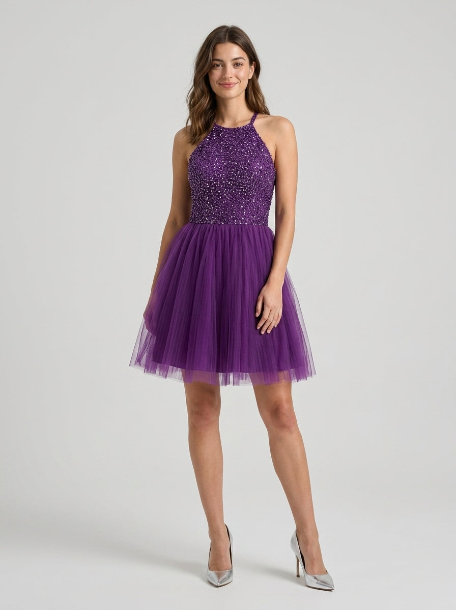 Sparkling A-Line Halter Neck Keyhole Back Short Purple Tulle Homecoming Dress