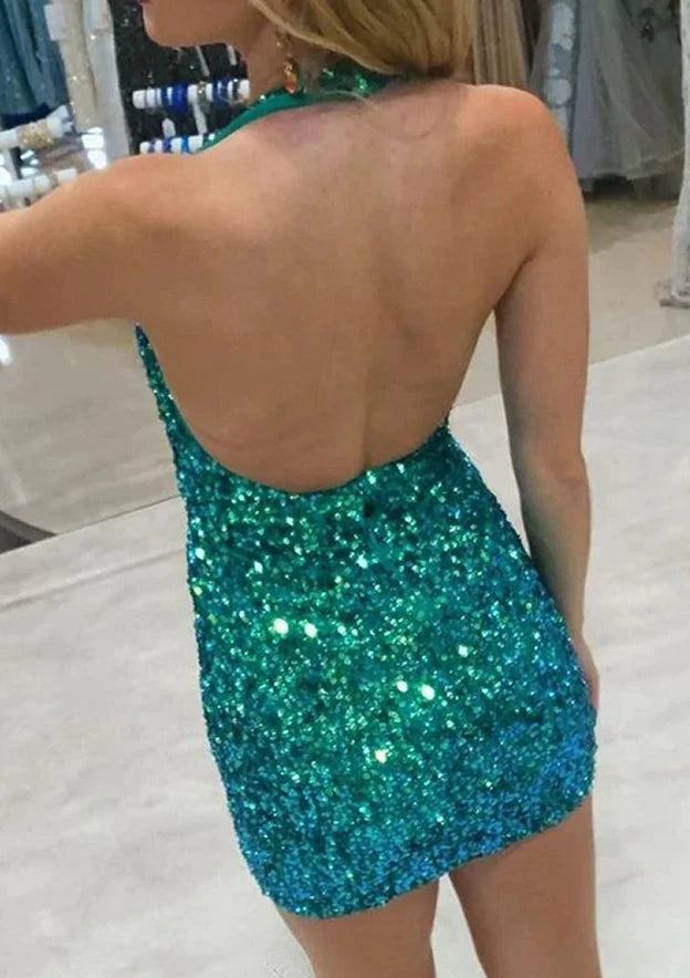 Glamorous Sparkling Sequin Sheath Deep V-neck Halter Sleeveless Open Back Mini Homecoming Dresses