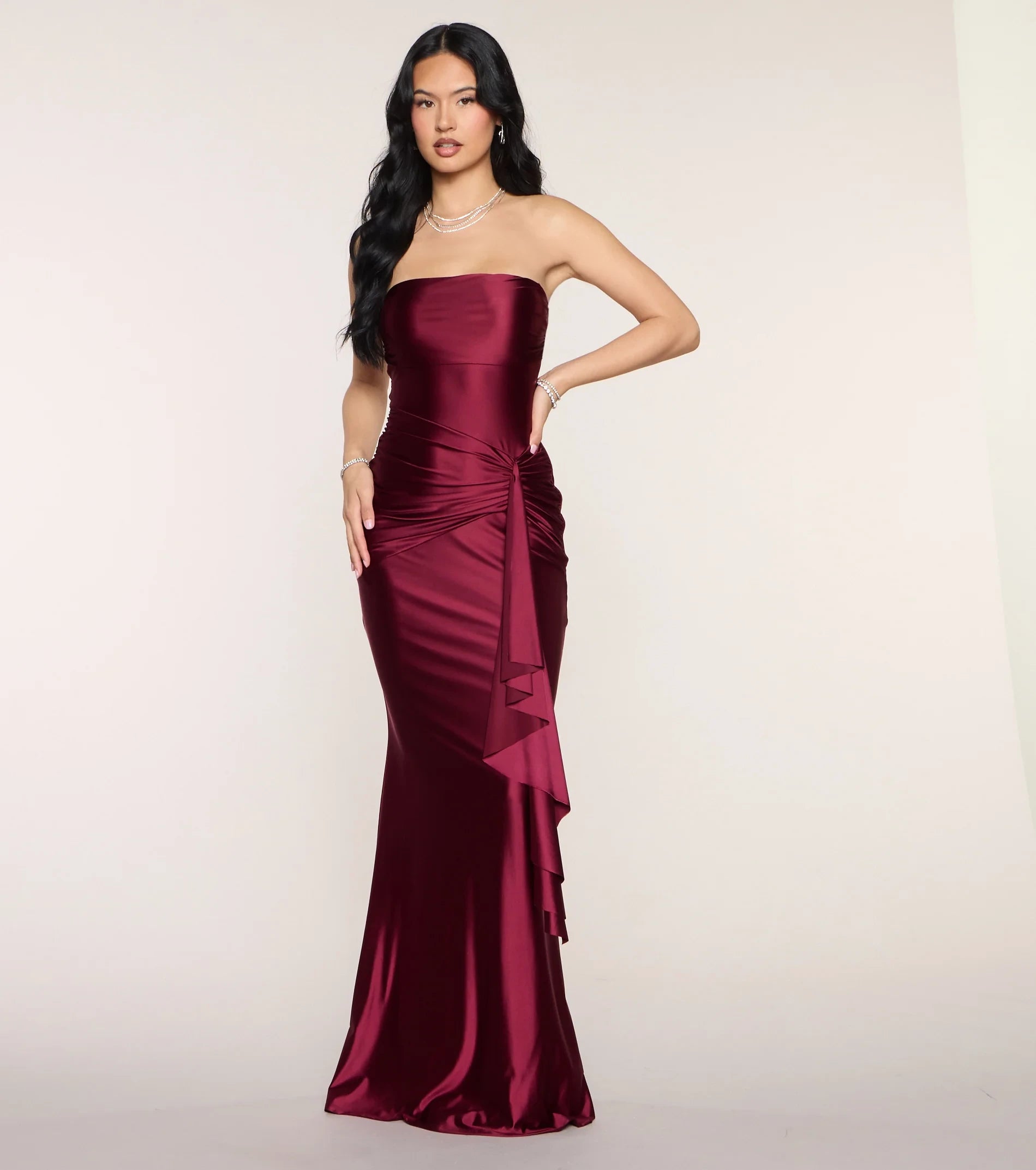 Glamorous Strapless Fitted Mermaid Sleeveless Sleek Back Floor-Length Ruched Prom Dresses