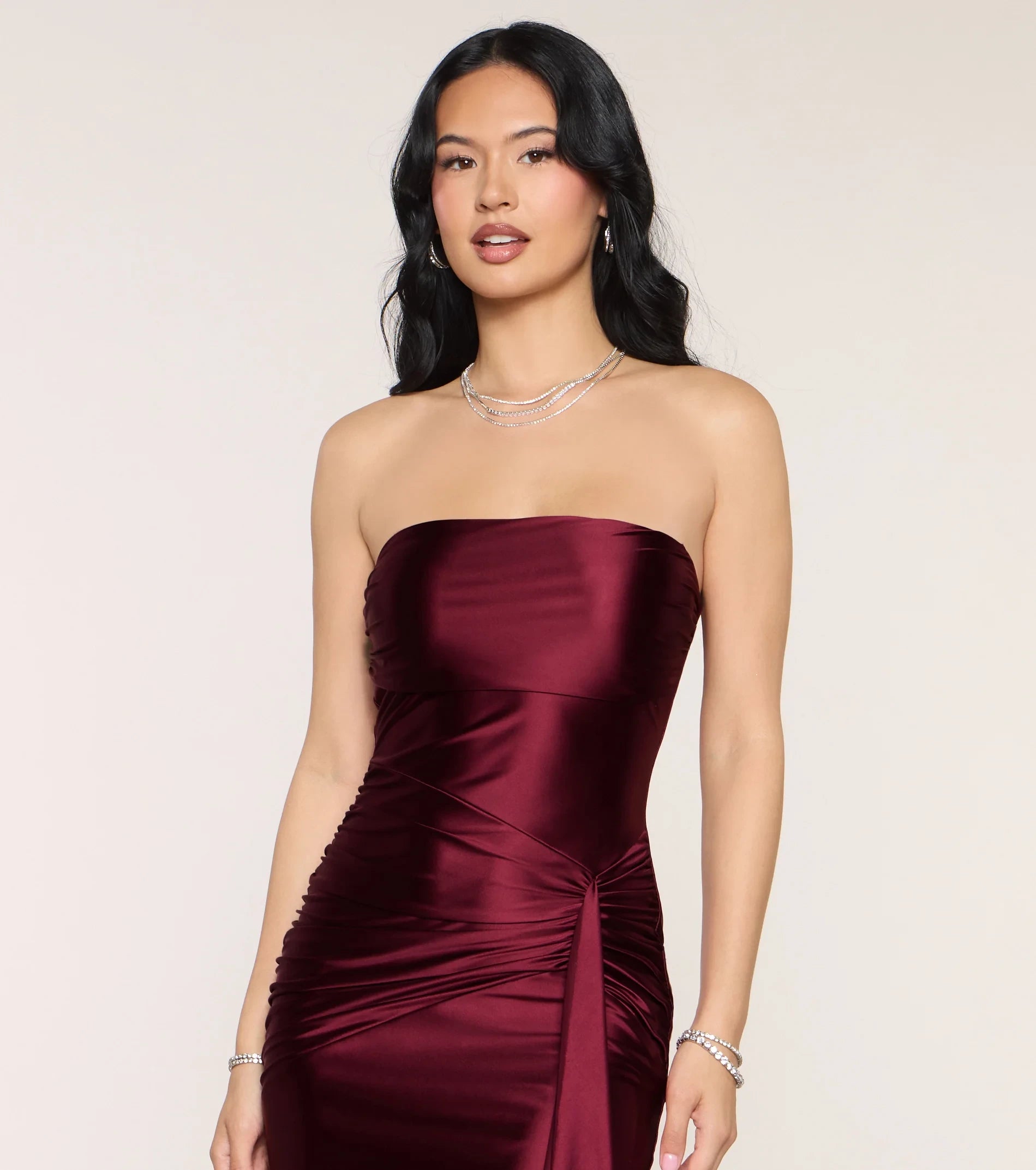 Glamorous Strapless Fitted Mermaid Sleeveless Sleek Back Floor-Length Ruched Prom Dresses