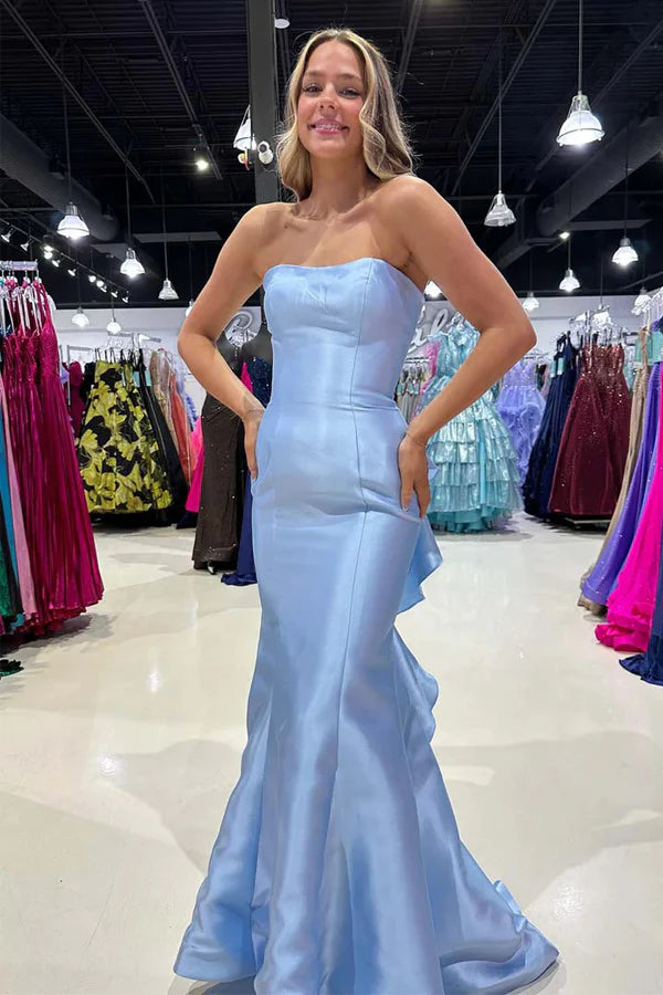 Glamorous satin mermaid strapless straight neck floor length prom dress with cascading ruffle back detail and train