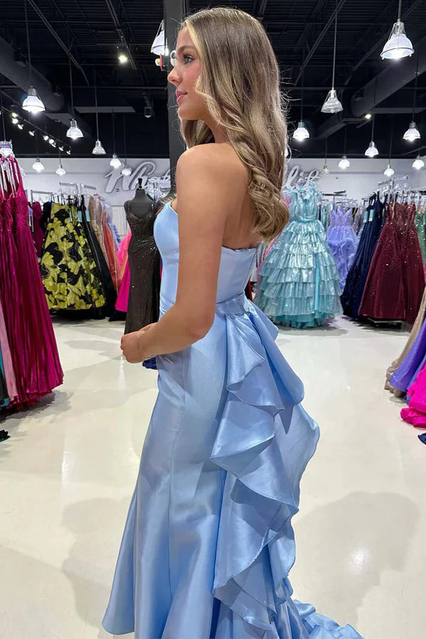 Glamorous satin mermaid strapless straight neck floor length prom dress with cascading ruffle back detail and train