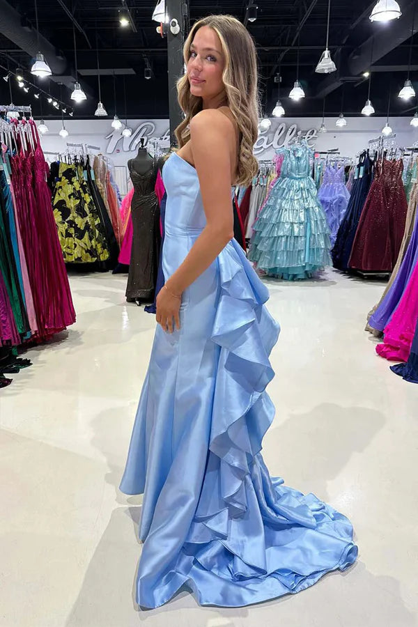Glamorous satin mermaid strapless straight neck floor length prom dress with cascading ruffle back detail and train