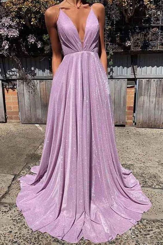Glittery Spaghetti-Strap Deep V-Neck Crisscross Back A-Line Floor-Length Evening Dress