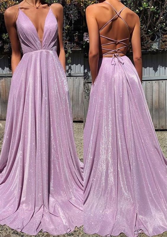 Glittery Spaghetti-Strap Deep V-Neck Crisscross Back A-Line Floor-Length Evening Dress