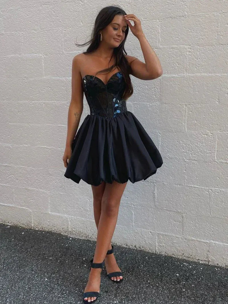 Gothic A-Line Strapless Sweetheart Corset-Mesh Satin-Bubble Mini Homecoming Dress