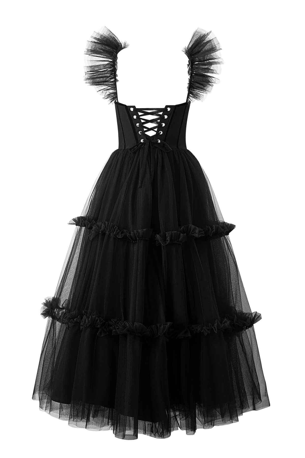 Gothic A-Line Sweetheart Off-Shoulder Lace-Up-Back Tiered Midi Prom Dress