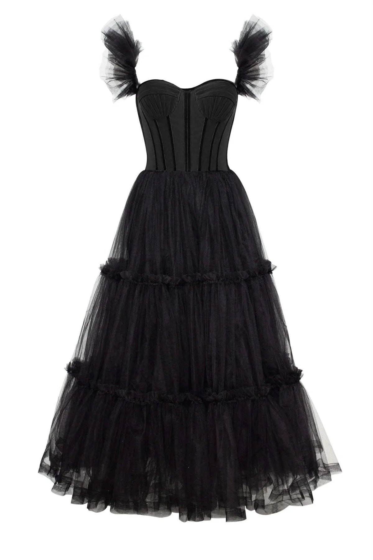 Gothic A-Line Sweetheart Off-Shoulder Lace-Up-Back Tiered Midi Prom Dress