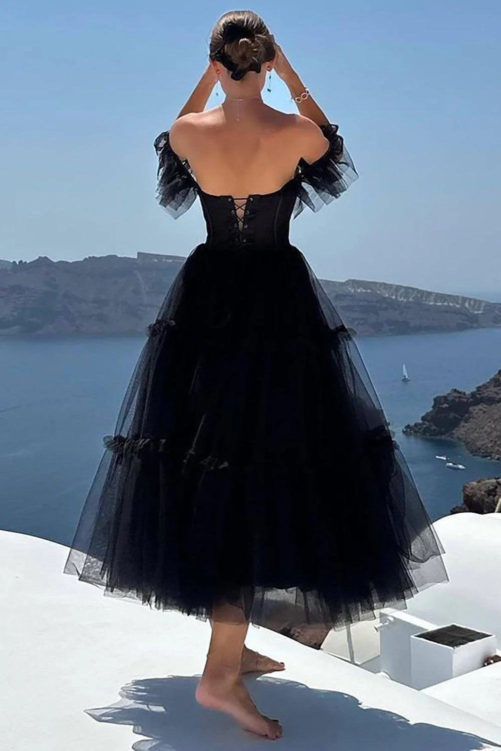 Gothic A-Line Sweetheart Off-Shoulder Lace-Up-Back Tiered Midi Prom Dress