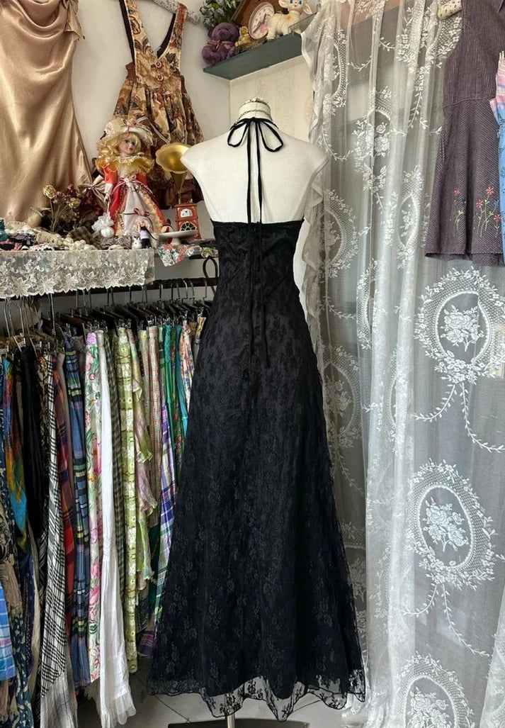 Gothic Black Lace Halter Neck Ruffled Tie-back Asymmetric Floor-length Evening Dresses