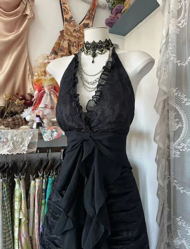 Gothic Black Lace Halter Neck Ruffled Tie-back Asymmetric Floor-length Evening Dresses