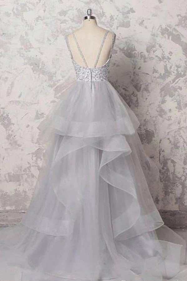 Gray Lace Beaded Tulle Gown with Layered Ruffle Skirt