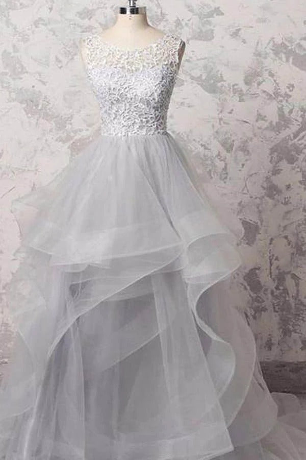 Gray Lace Beaded Tulle Gown with Layered Ruffle Skirt