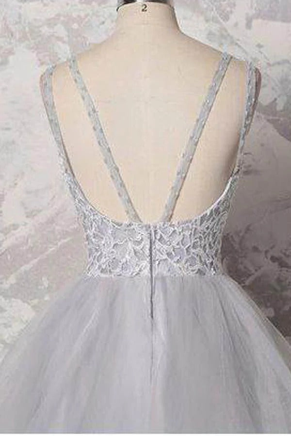 Gray Lace Beaded Tulle Gown with Layered Ruffle Skirt