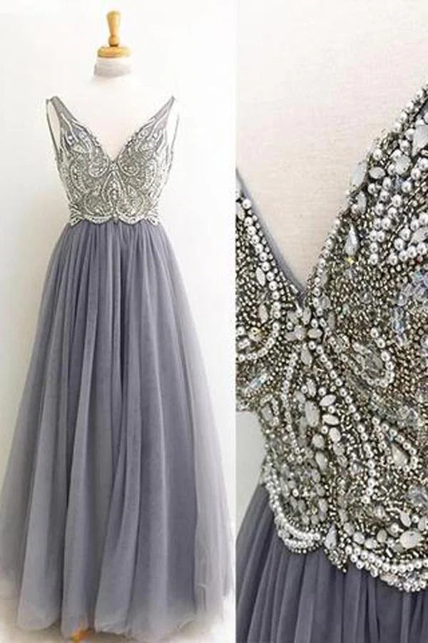 Grey Silver Beaded Tulle V-Neck A-Line Maxi Gown