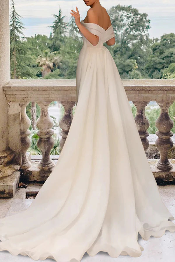 Robe de mariée décontractée à manches, robe de mariée fendue à épaules dénudées