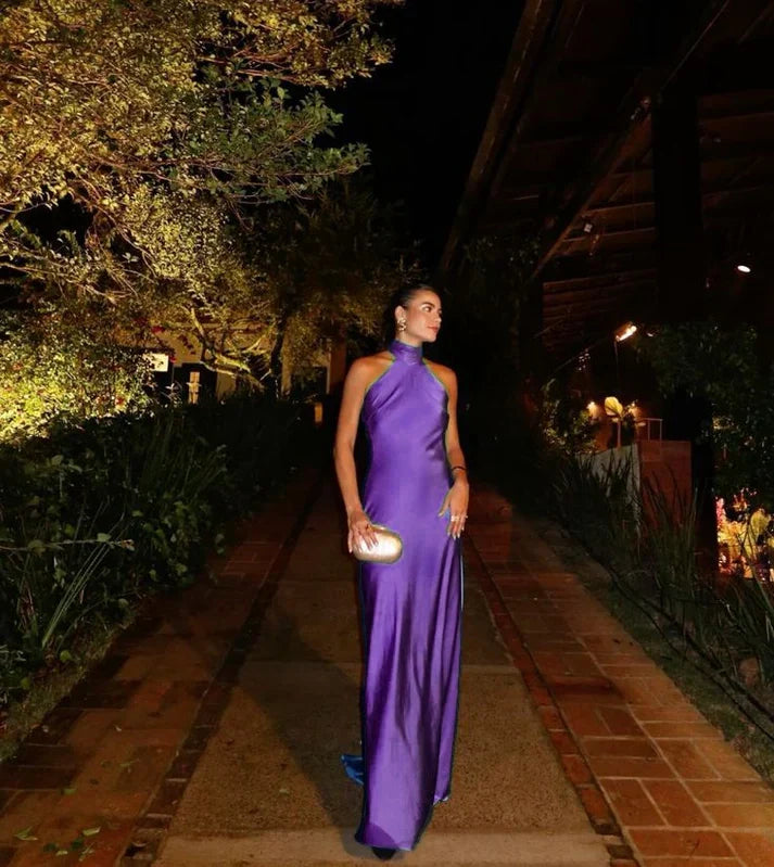 Halter Neck Satin Backless Maxi Dress Sleeveless Open Back Formal Evening Prom Wedding Guest Party Gown