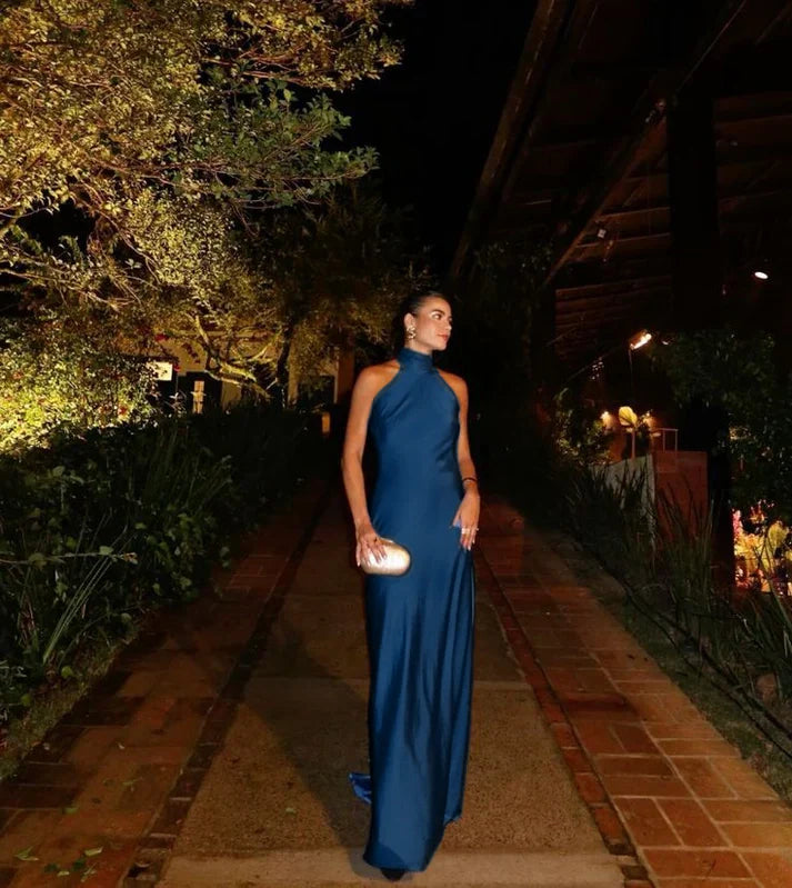Halter Neck Satin Backless Maxi Dress Sleeveless Open Back Formal Evening Prom Wedding Guest Party Gown