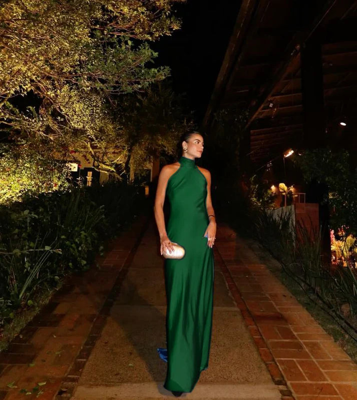 Halter Neck Satin Backless Maxi Dress Sleeveless Open Back Formal Evening Prom Wedding Guest Party Gown