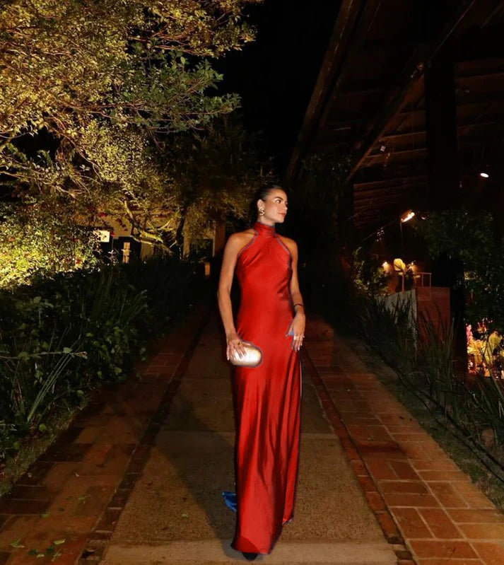 Halter Neck Satin Backless Maxi Dress Sleeveless Open Back Formal Evening Prom Wedding Guest Party Gown