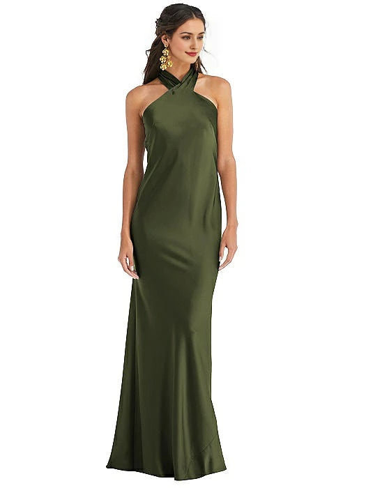 Robe de soirée longue, col suspendu, épaules dénudées, sans manches, dos nu