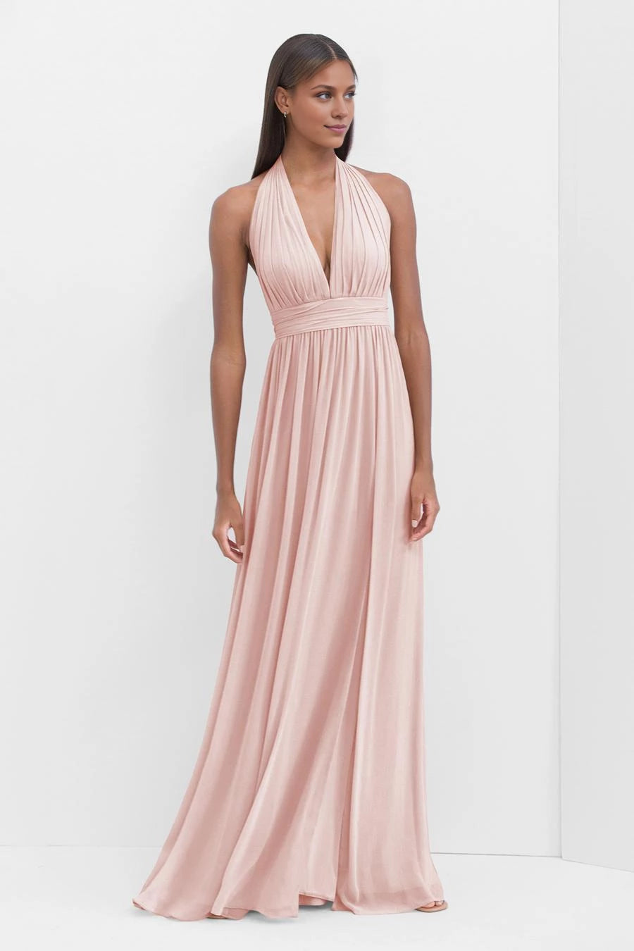 Hängender Halskragen, schulterfrei, ärmellos, plissierte Details, rückenfrei und bodenlang, Ballkleid