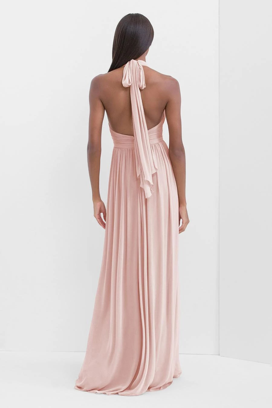 Hängender Halskragen, schulterfrei, ärmellos, plissierte Details, rückenfrei und bodenlang, Ballkleid