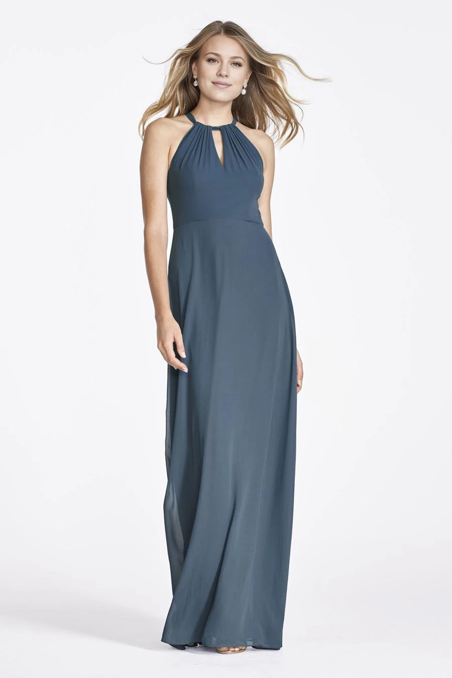 Hängender Halskragen, schulterfrei, ärmellos, plissierte Details, rückenfrei und bodenlang, Abendkleid