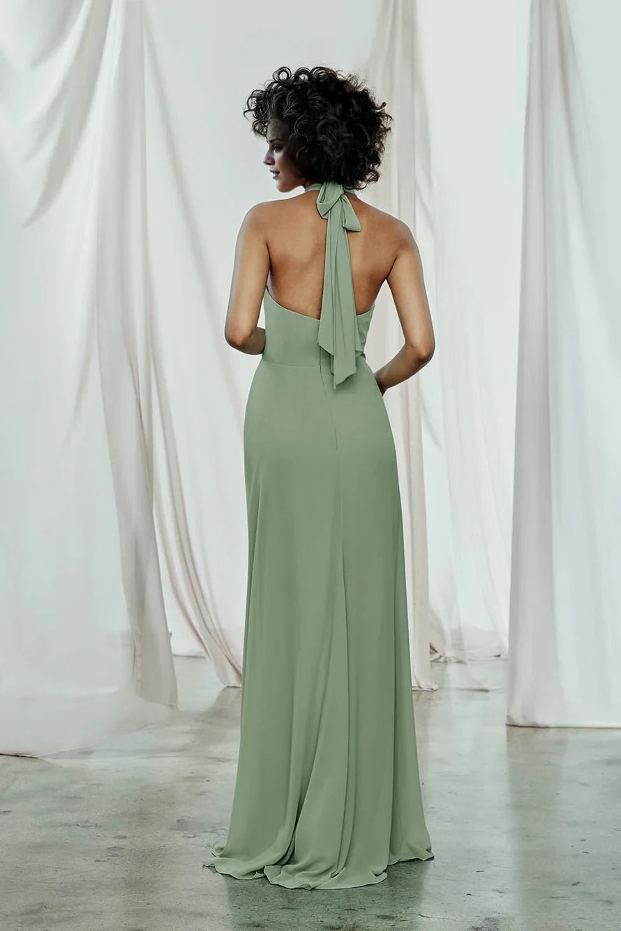 Ärmelloses, rückenfreies und bodenlanges Abendkleid mit hängendem Halsausschnitt