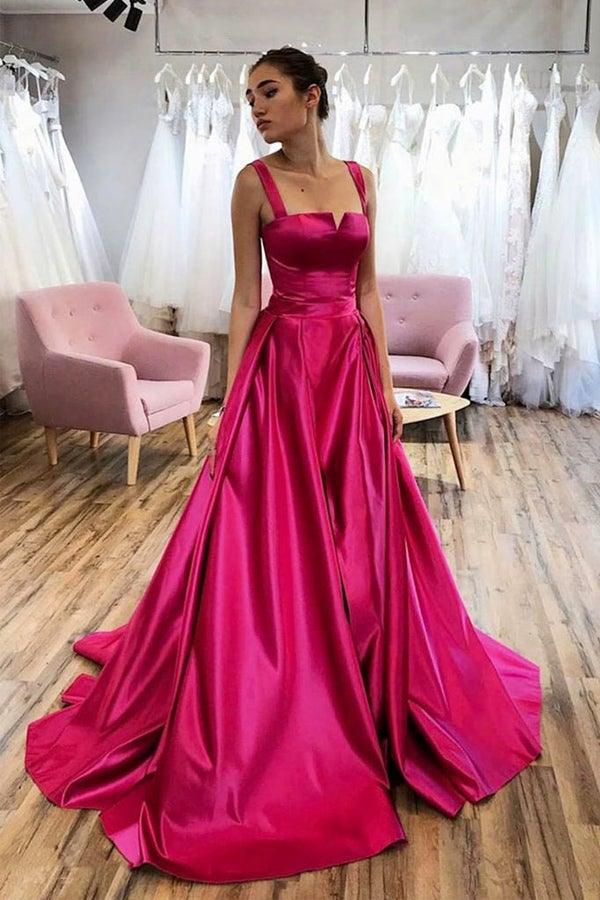 Hot Pink A-Linie Satin Langes Ballkleid Hofschleppe Abendkleid