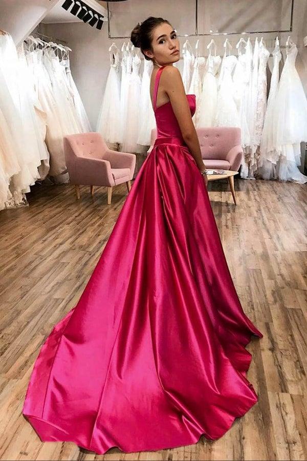 Hot Pink A-Linie Satin Langes Ballkleid Hofschleppe Abendkleid