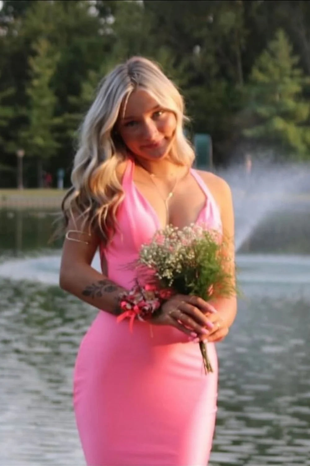 Hot Pink Halter Maxi Gown – Open Back Ruched Formal Dress with Train
