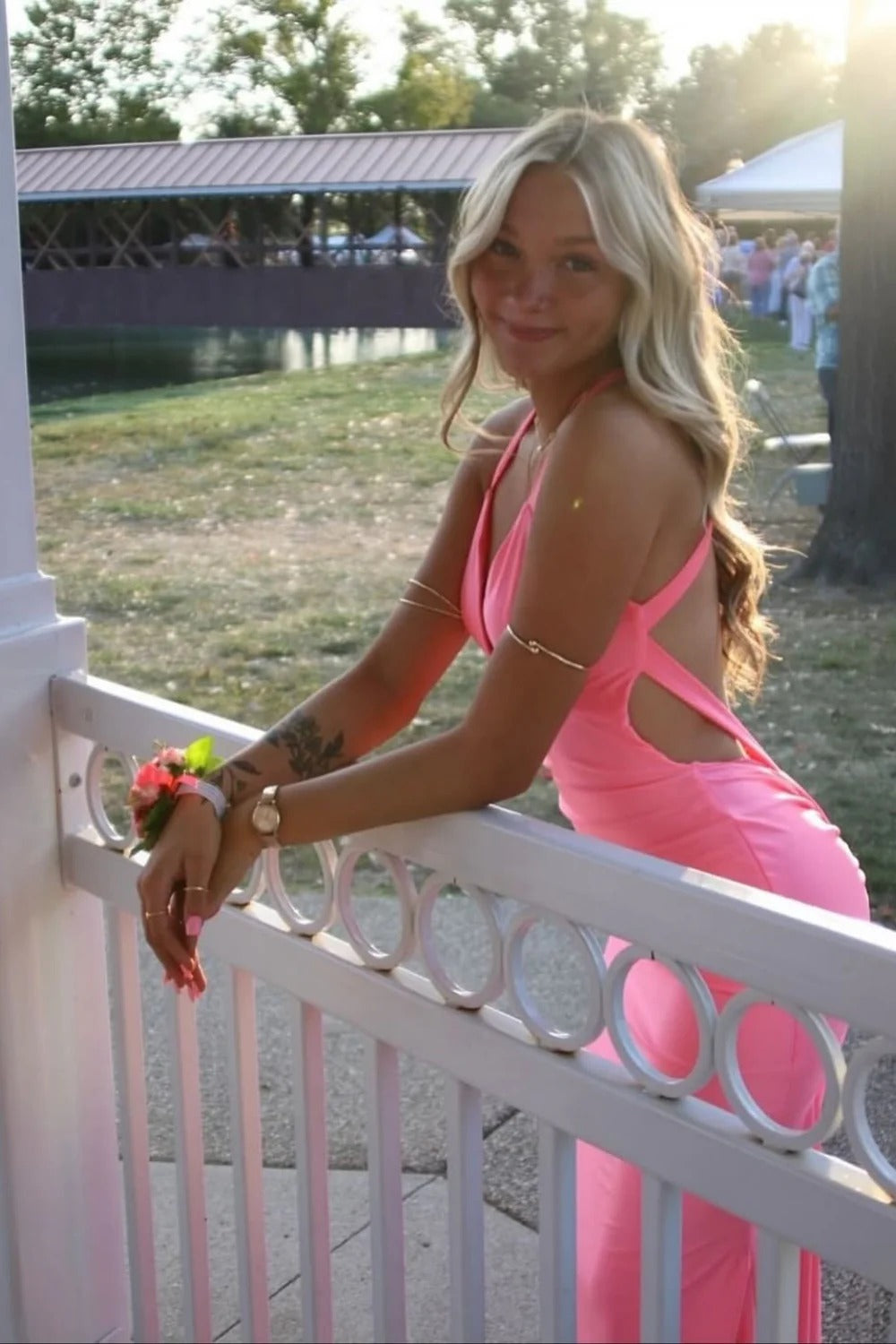 Hot Pink Halter Maxi Gown – Open Back Ruched Formal Dress with Train