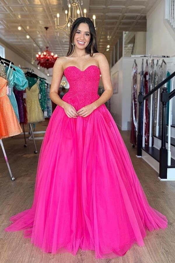 Hot Pink Lace Appliqué Tulle Strapless Ball Gown